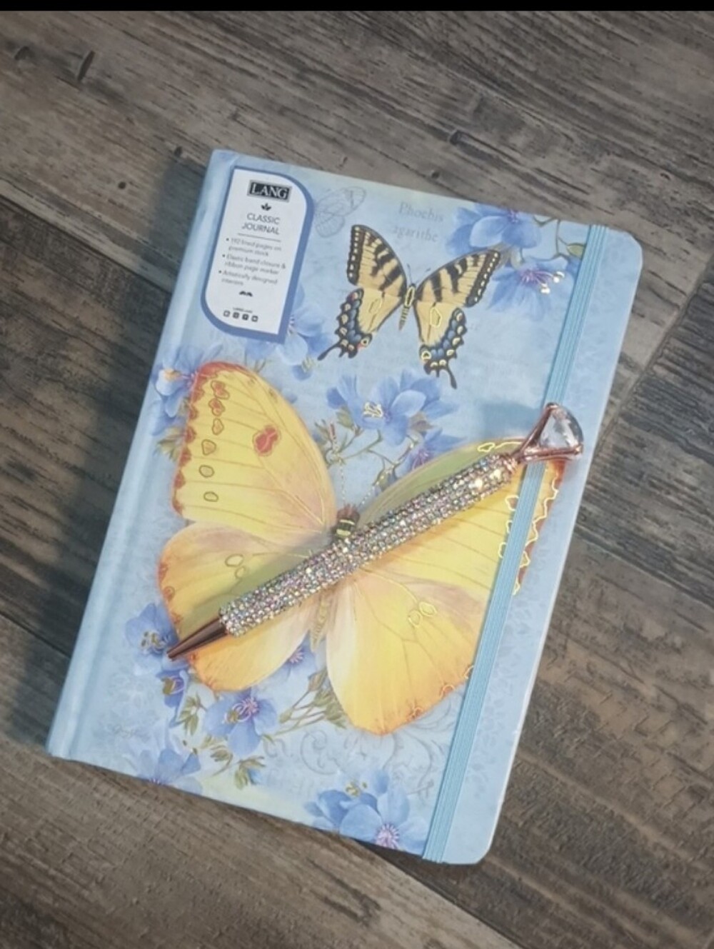 2pc Set Classic Journal with Yellow Butterfly and Diamond Bling Ball Point Pen